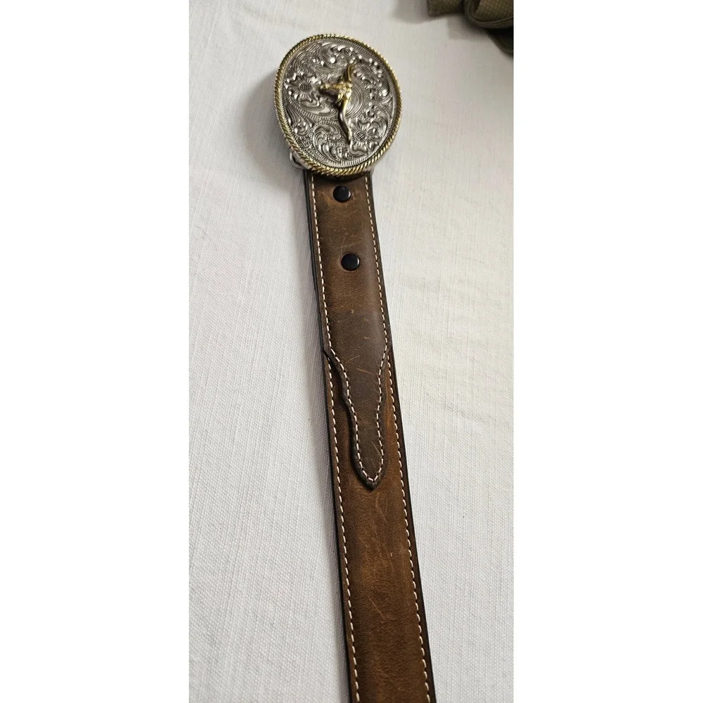 Cavenders M&F Western Brown Leather Belt Silver Gold Longhorn Trophy Buckle 28